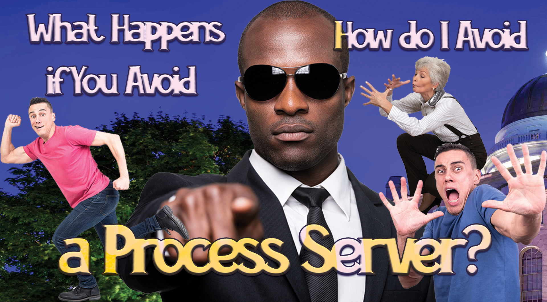 A process server pointing his finger on you. People avoiding a process server.