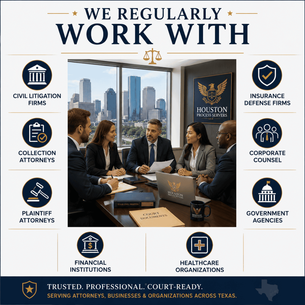Attorneys, corporate counsel, government professionals, healthcare administrators, and financial institution representatives meeting in a modern conference room with legal documents, representing the professional clients served by Houston Process Servers.