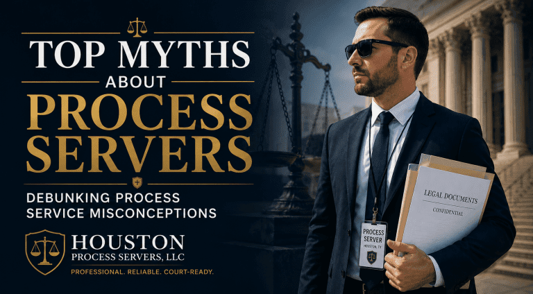 Professional process server holding legal documents in front of a courthouse illustrating common process service myths and legal misconceptions in Texas.