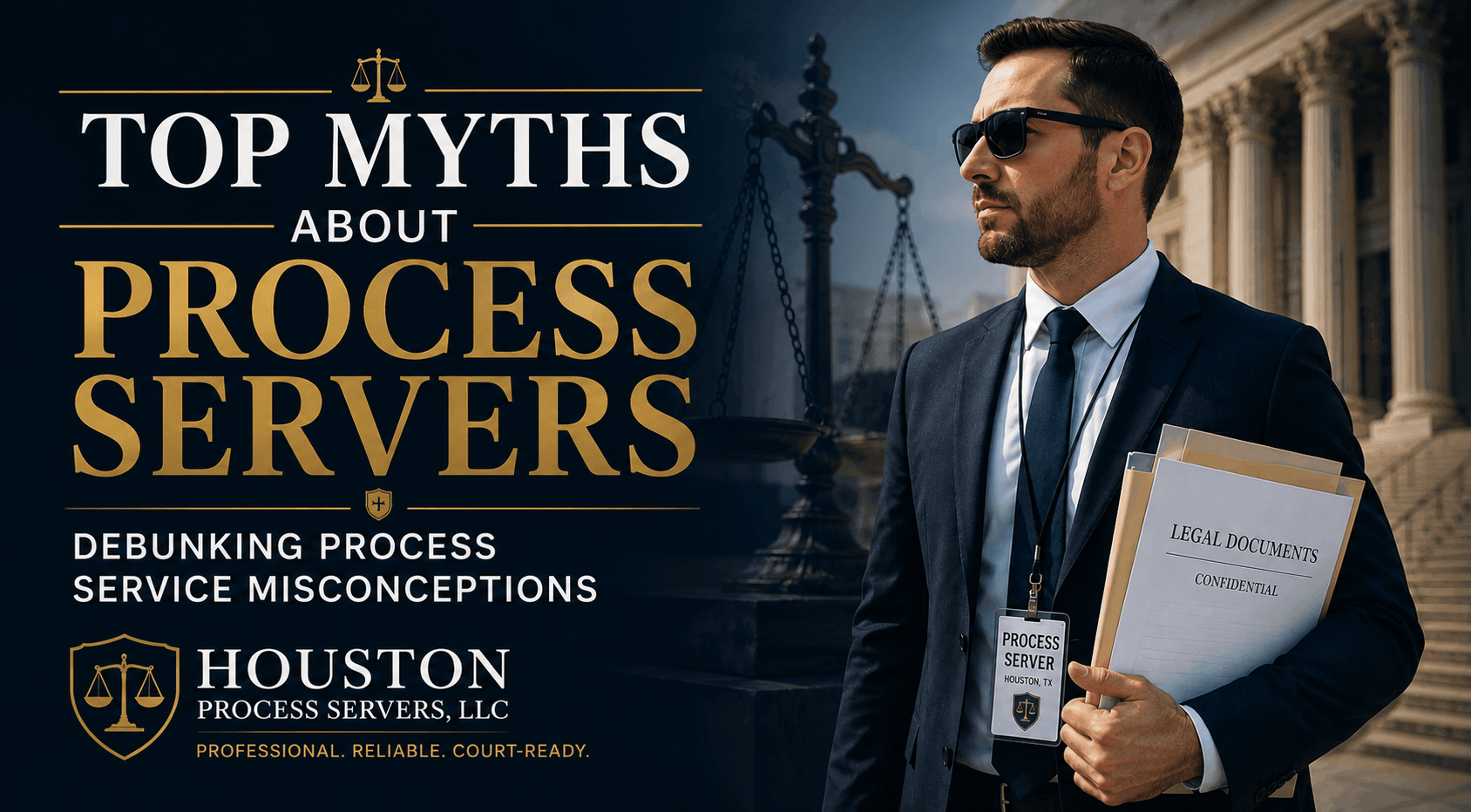 Professional process server holding legal documents in front of a courthouse illustrating common process service myths and legal misconceptions in Texas.