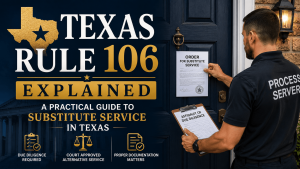 Locate Service 2 Texas Rule 106 explained showing substitute service of process in Texas by a professional process server posting legal documents at a residential property
