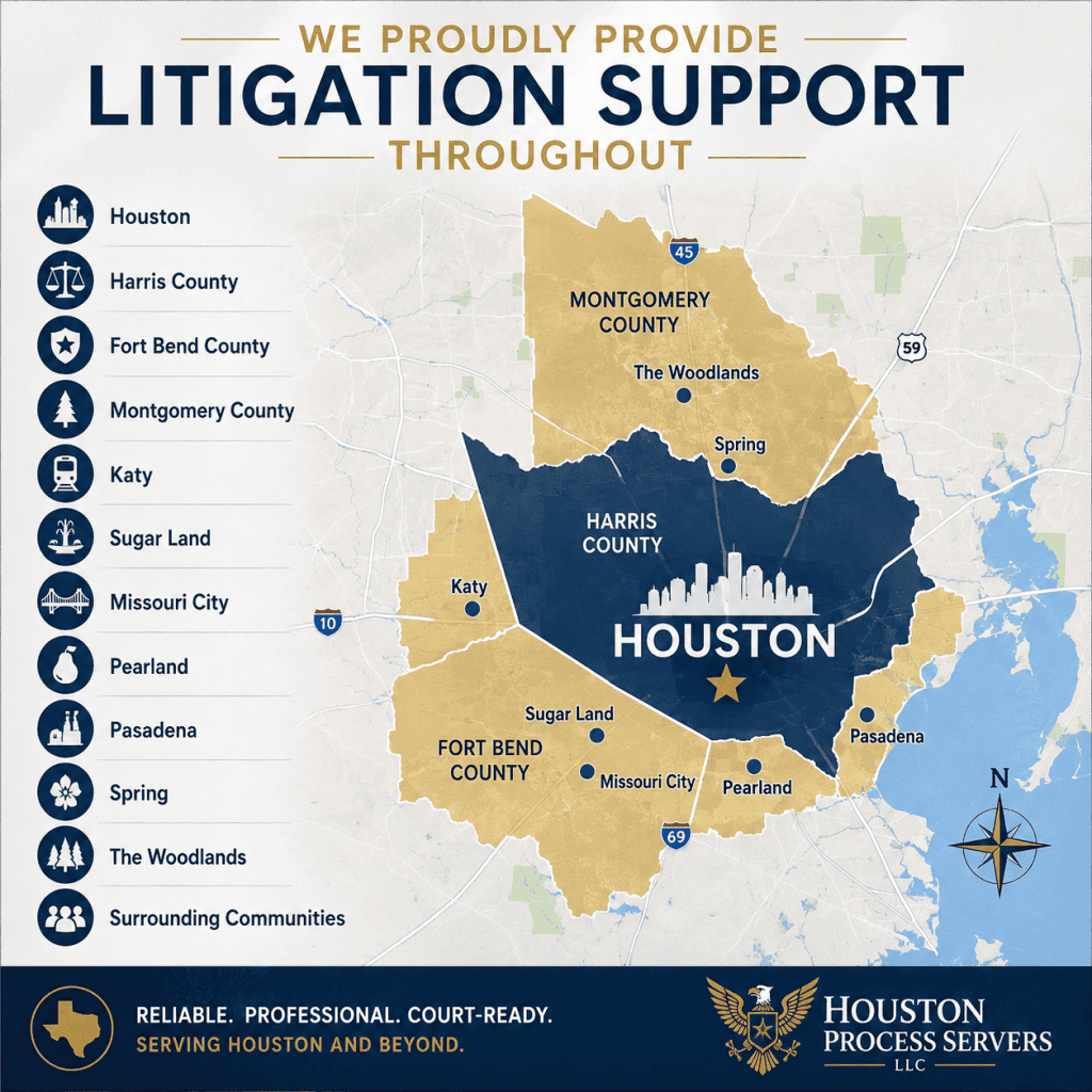 Houston Process Servers coverage map showing Houston, Harris County, Fort Bend County, Montgomery County, Katy, Sugar Land, Missouri City, Pearland, Pasadena, Spring, The Woodlands, and surrounding communities served by Houston Process Servers, LLC.