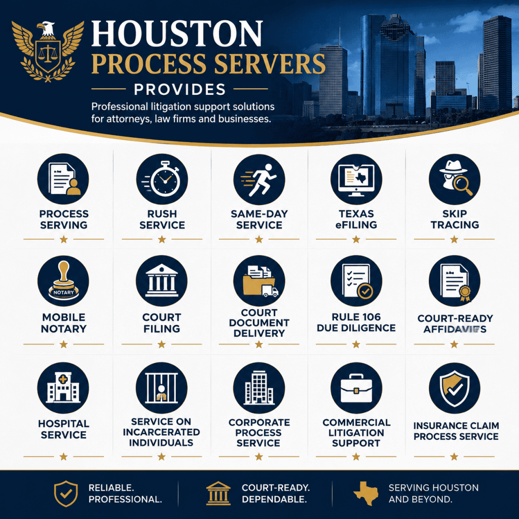 Professional infographic showing the legal support services offered by Houston Process Servers, including process serving, rush service, same-day service, Texas eFiling, skip tracing, mobile notary, court filing, Rule 106 due diligence, corporate process service, and insurance claim process service.