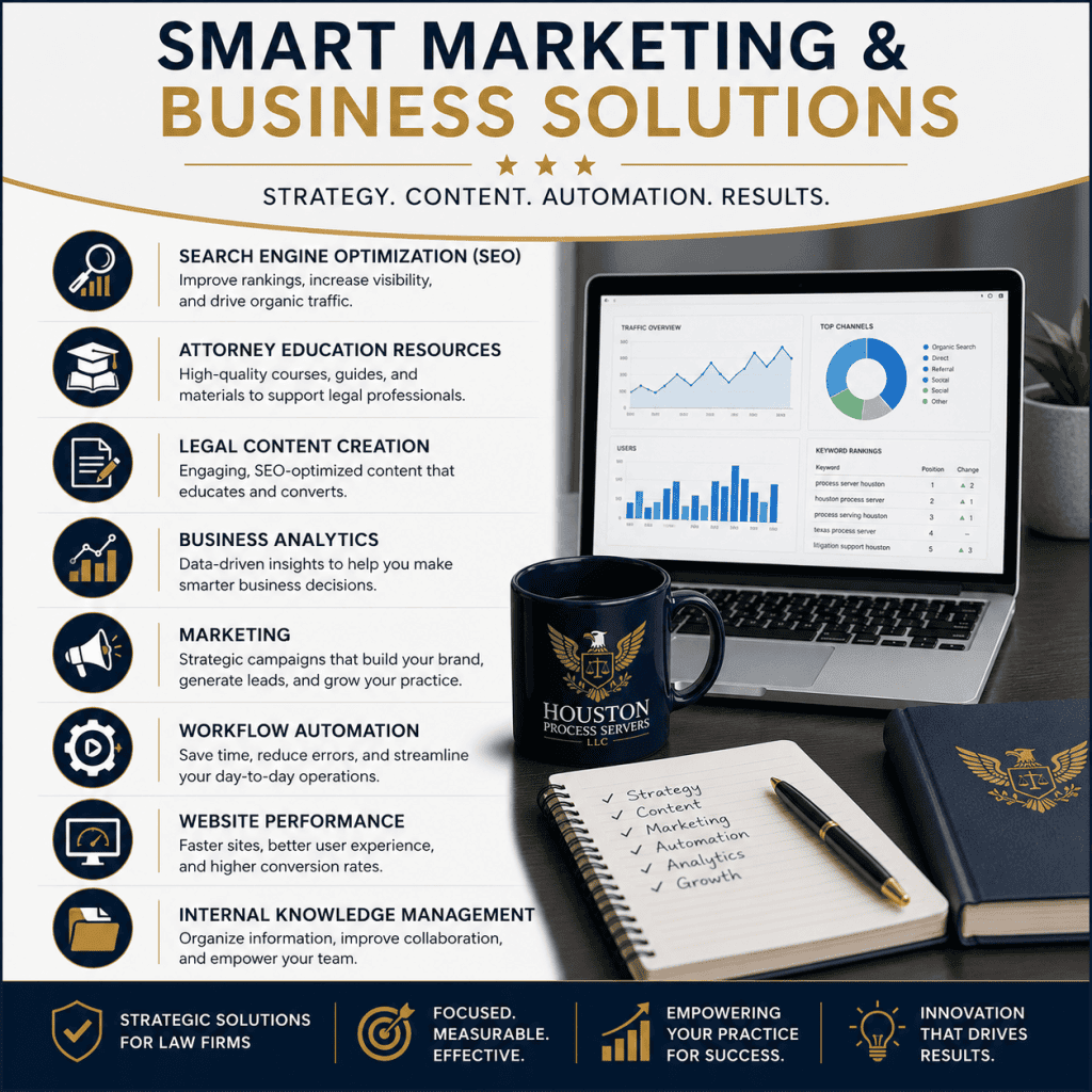 Modern legal technology workspace showing SEO analytics, AI workflow automation, attorney education resources, website performance, business analytics, marketing, and knowledge management.