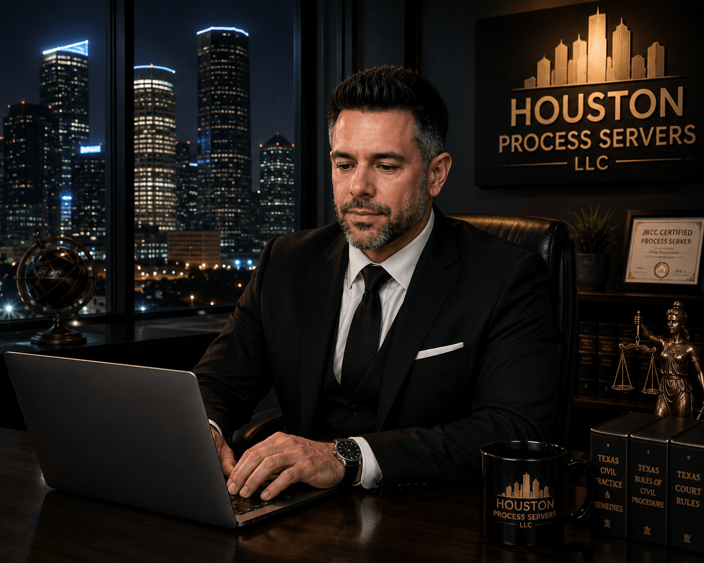 Oleg Molchanov, founder of Houston Process Servers, LLC, working on a laptop in his Houston office with the Downtown Houston skyline visible through large windows at night.